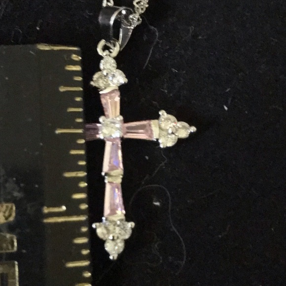 White Gold Filled Pink/White Sapphire Cross Pendan - Picture 5 of 5